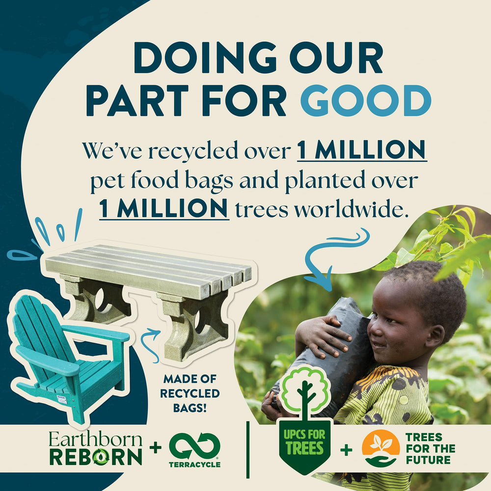 Earthborn Holistic Venture recycled-bag graphic emphasizes eco-friendly packaging.