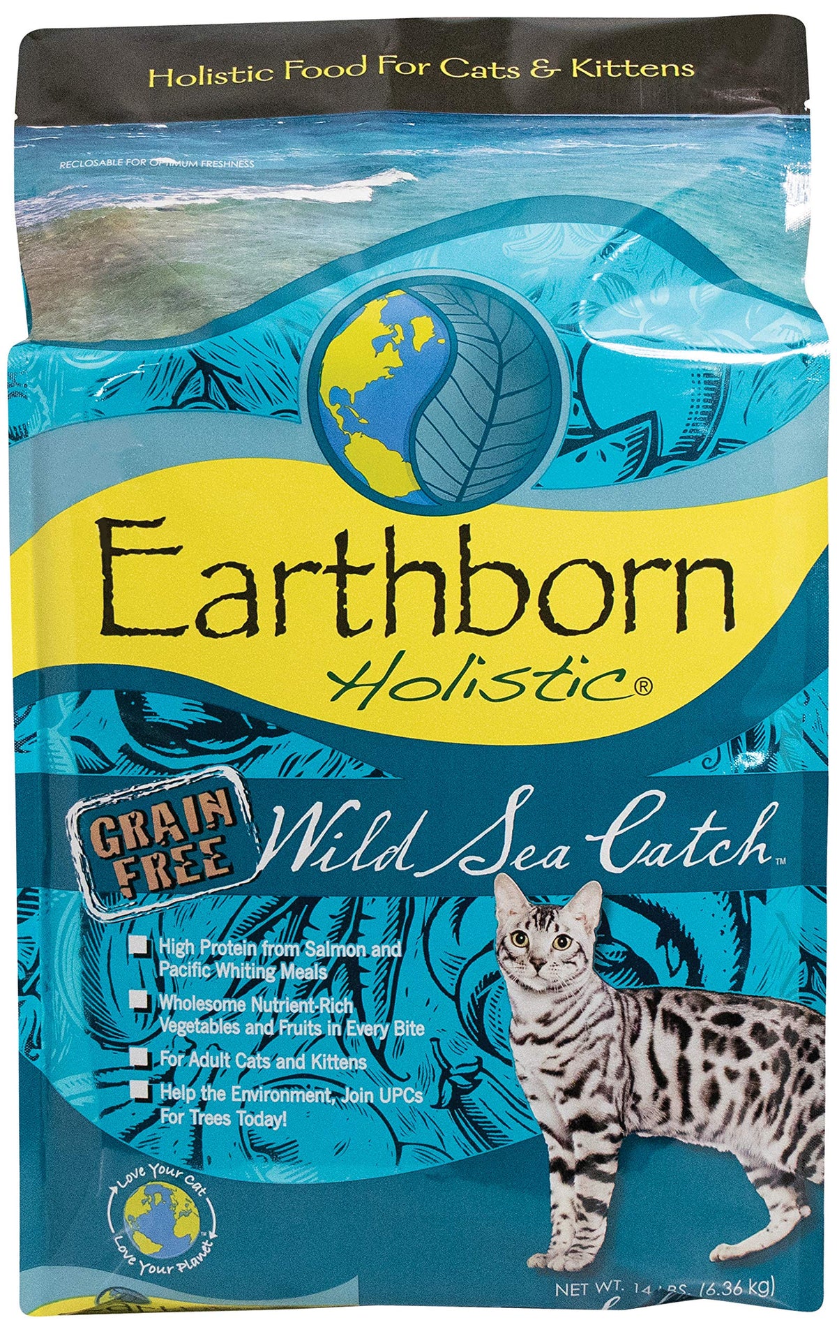 Earthborn Wild Sea Catch cat food bag front—grain-free, high-protein feline nutrition.
