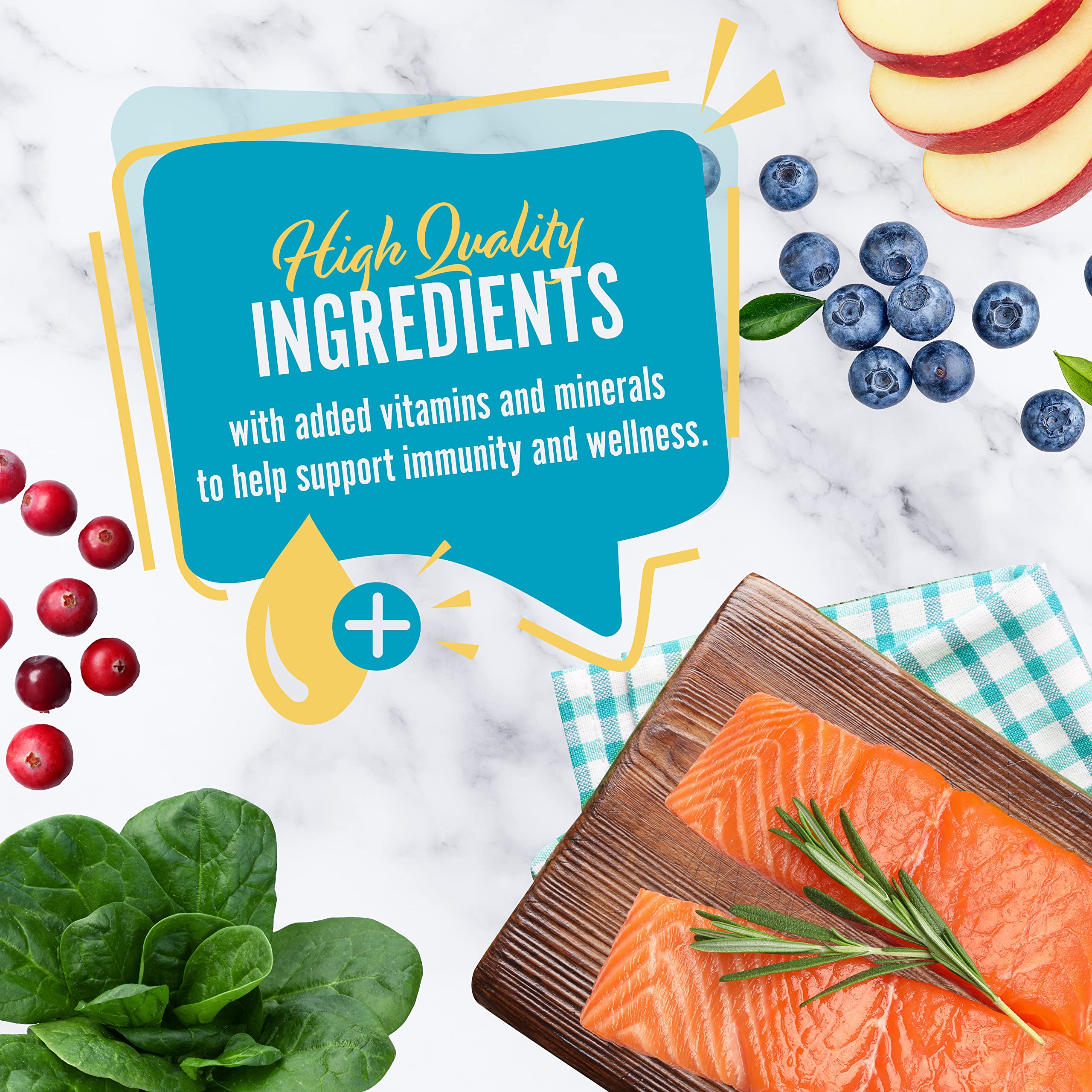 Earthborn Holistic Wild Sea Catch ingredients close-up highlights salmon and Pacific Whiting meals.
