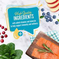 Earthborn Holistic Wild Sea Catch ingredients close-up highlights salmon and Pacific Whiting meals.