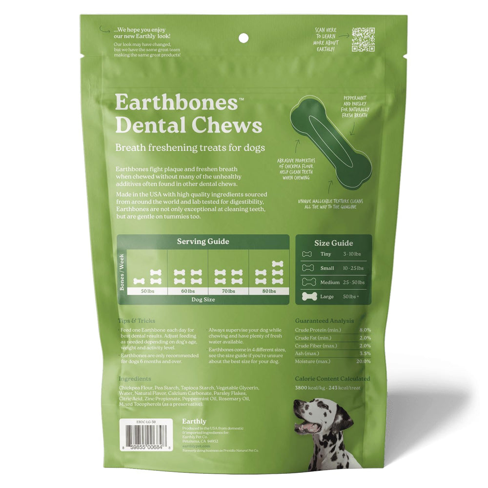 Earthly Earthbones Dental large dogs serving size demonstrates portion-control chewing during meals.