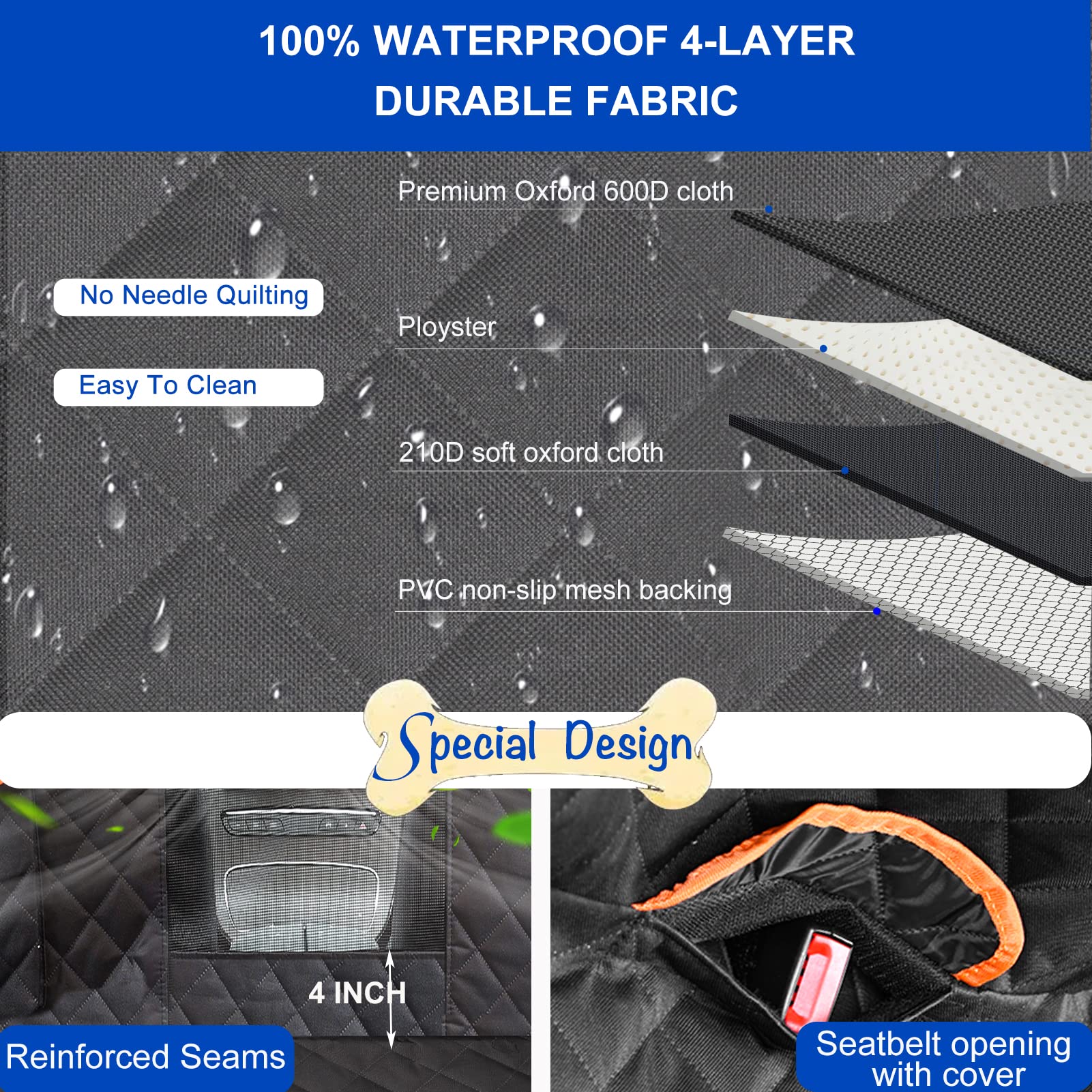 EasyHaWei dog car seat cover demonstrating nonslip backing to keep seats secure.