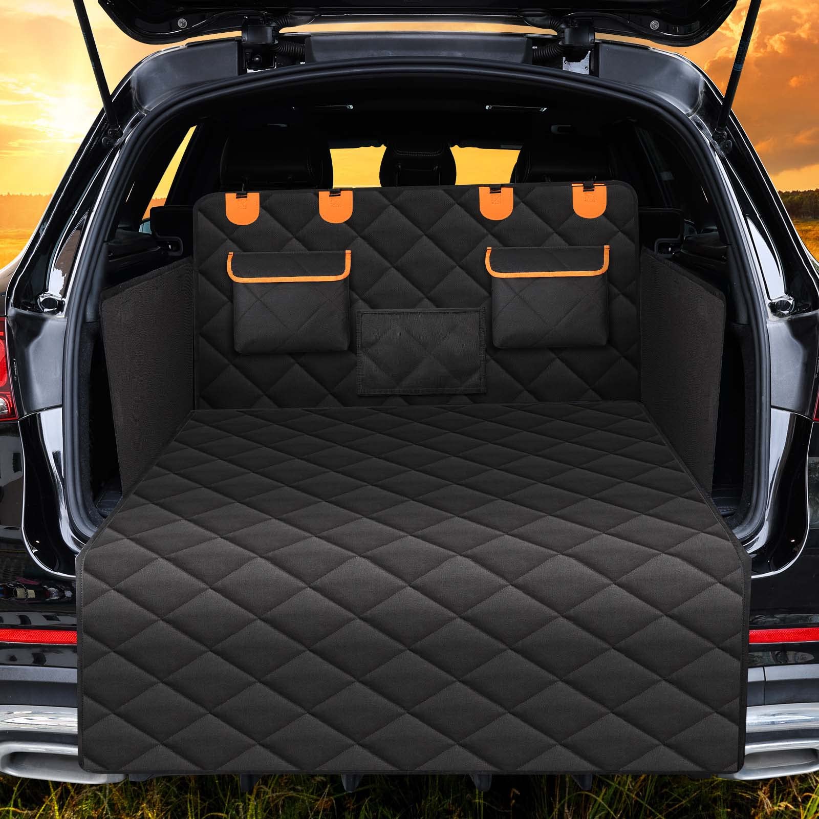 EasyHaWei dog cargo liner full setup protects trunk from hair and mud while organizing gear.