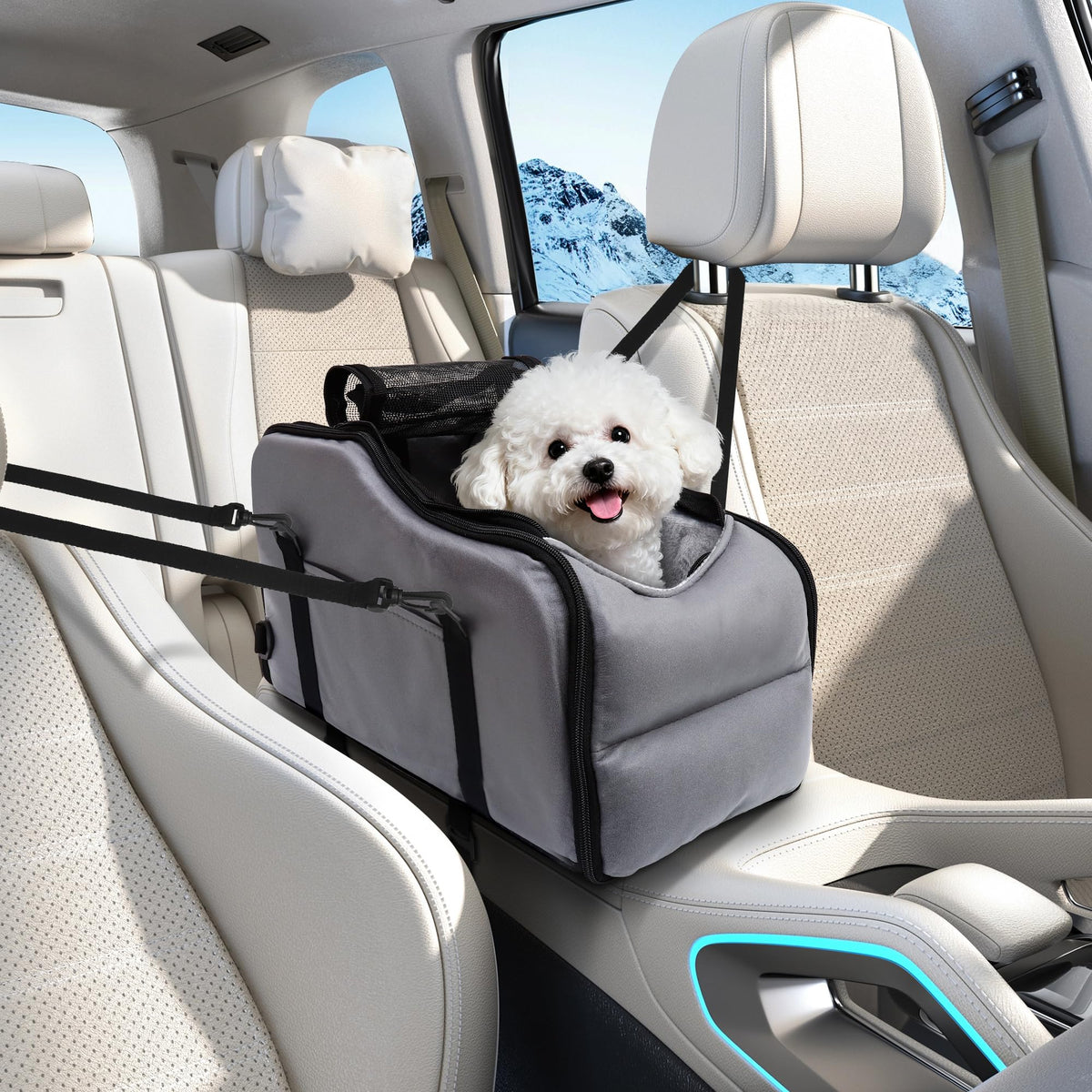 Ebukur center-console dog car seat assembled provides stable ride and secure console attachment.