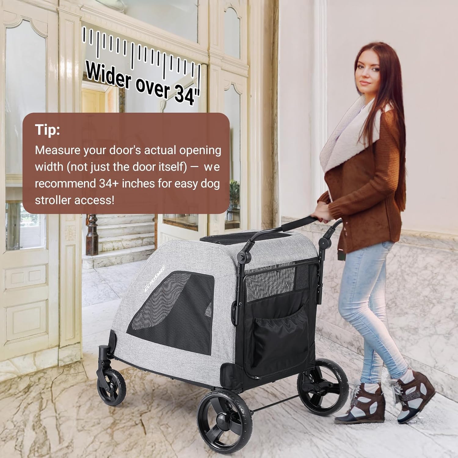 EchoSmile XL dog stroller all-terrain steering across various surfaces