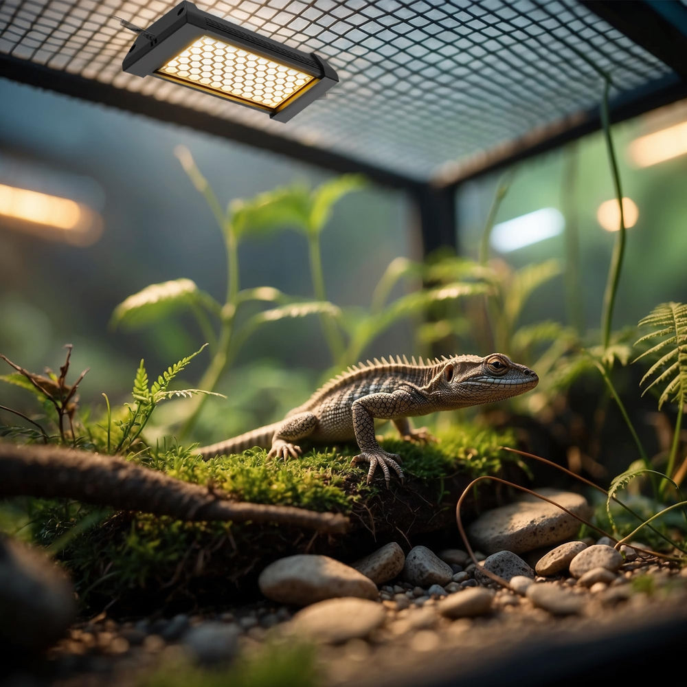 ECKPO Dimmable LED Reptile UVB Lamp in-use setting demonstrates adjustable reptile lighting.
