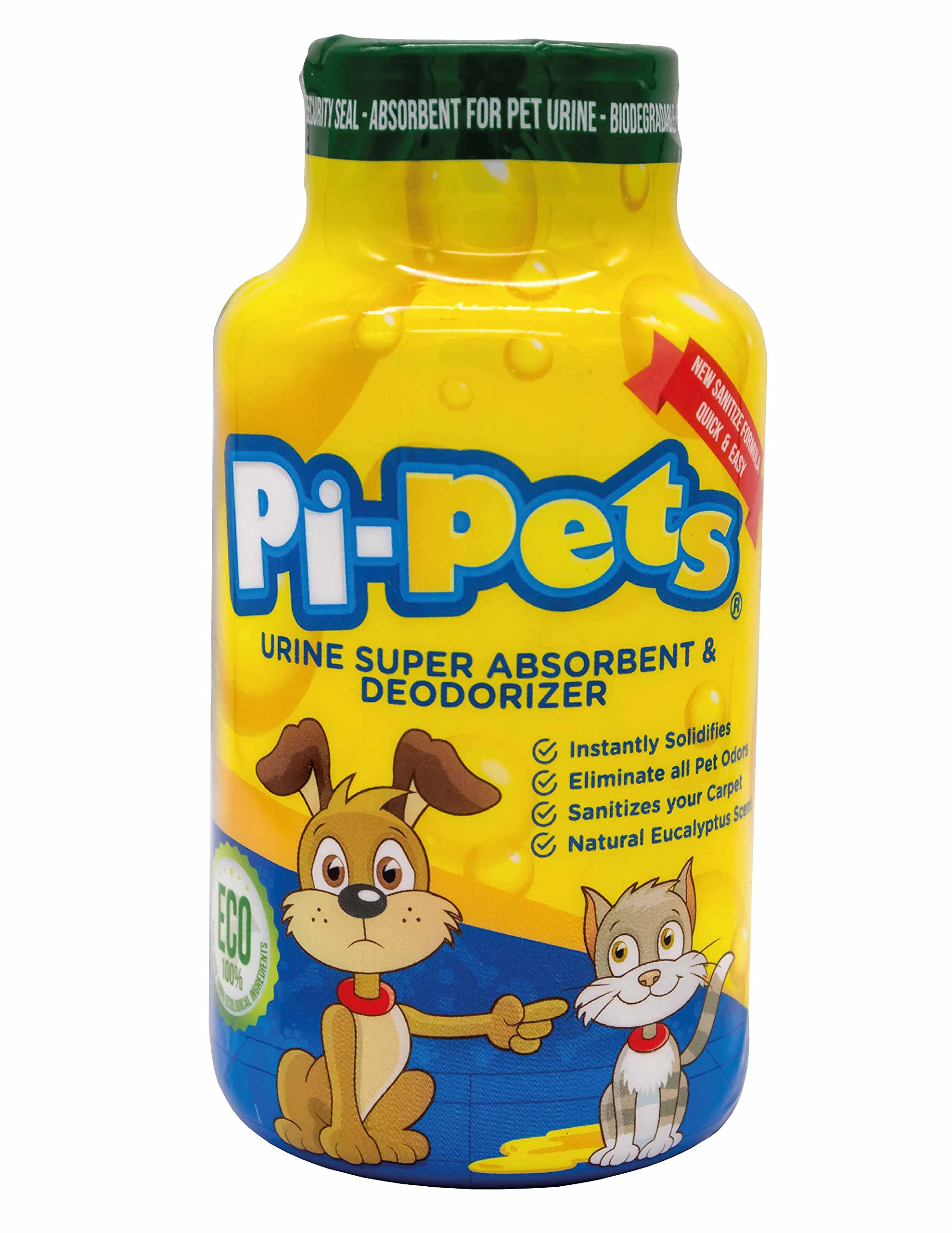 PI-Pets eco-friendly urine absorbent powder product shot for fast cleanup.
