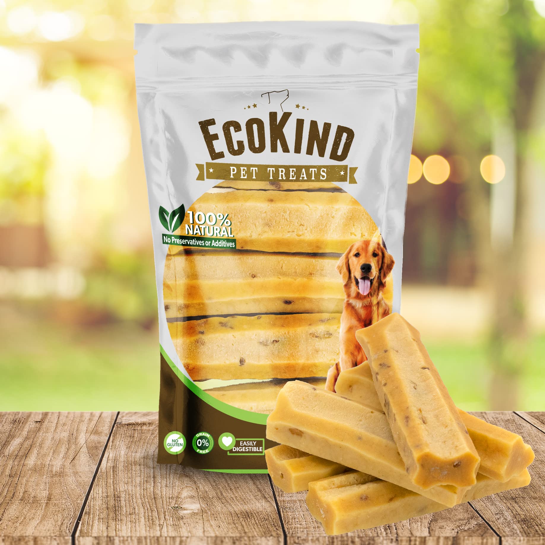 EcoKind pasteurized milk yak chews — natural, preservative-free dog treat.