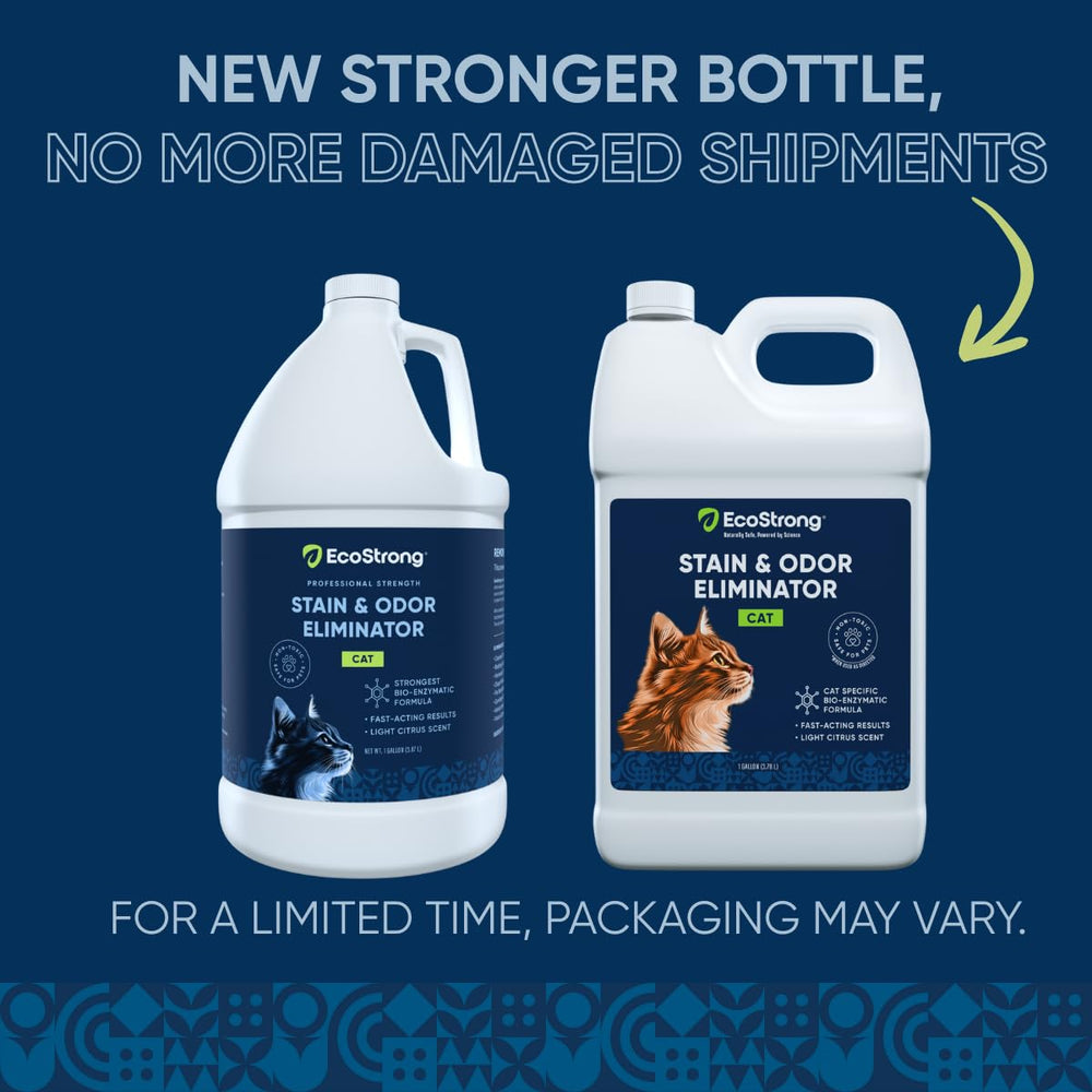 Eco Strong enzymatic-urine-odor-neutralizer spray shows enzymatic odor removal on floors and fabrics.