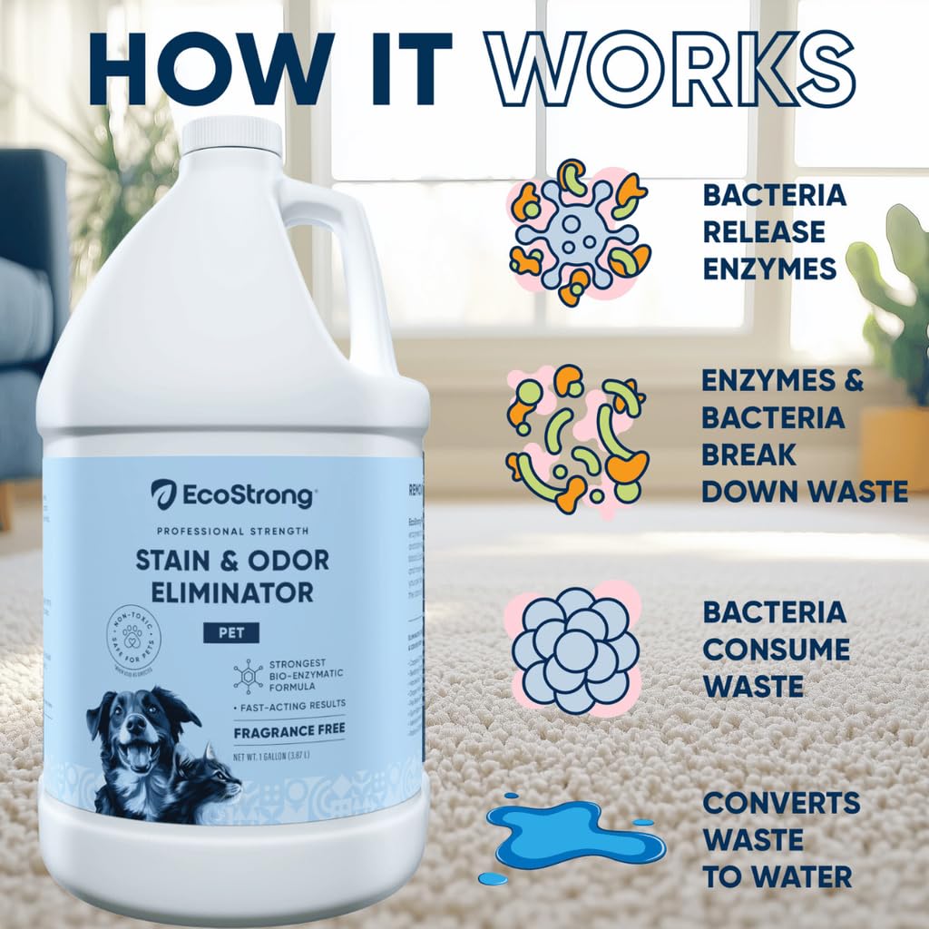 Eco Strong multi-surface-cleaner-bottle cleans carpets, furniture, and litter areas with enzyme power.