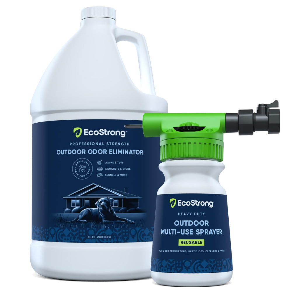 Eco Strong Outdoor Odor Eliminator gallon bottle demonstrates easy exterior odor treatment