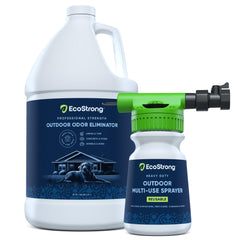 Eco Strong Outdoor Odor Eliminator gallon bottle demonstrates easy exterior odor treatment