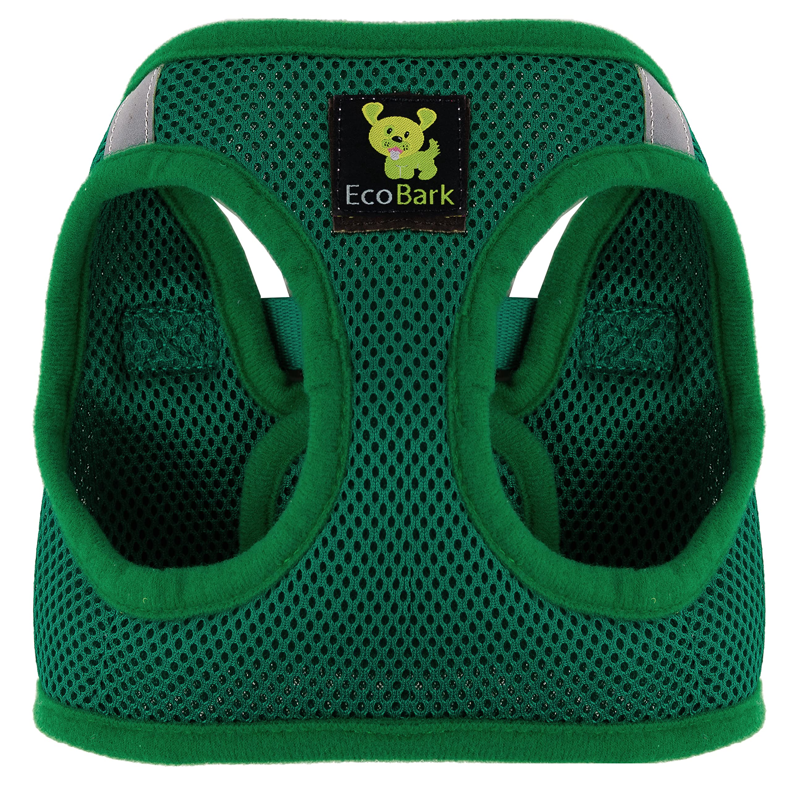 EcoBark forest-green harness closeup buckle emphasizes secure hardware for reliable everyday walks.