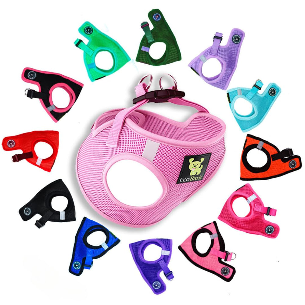 EcoBark Step in dog harness in baby pink, front view, comfortable fit for tiny breeds.