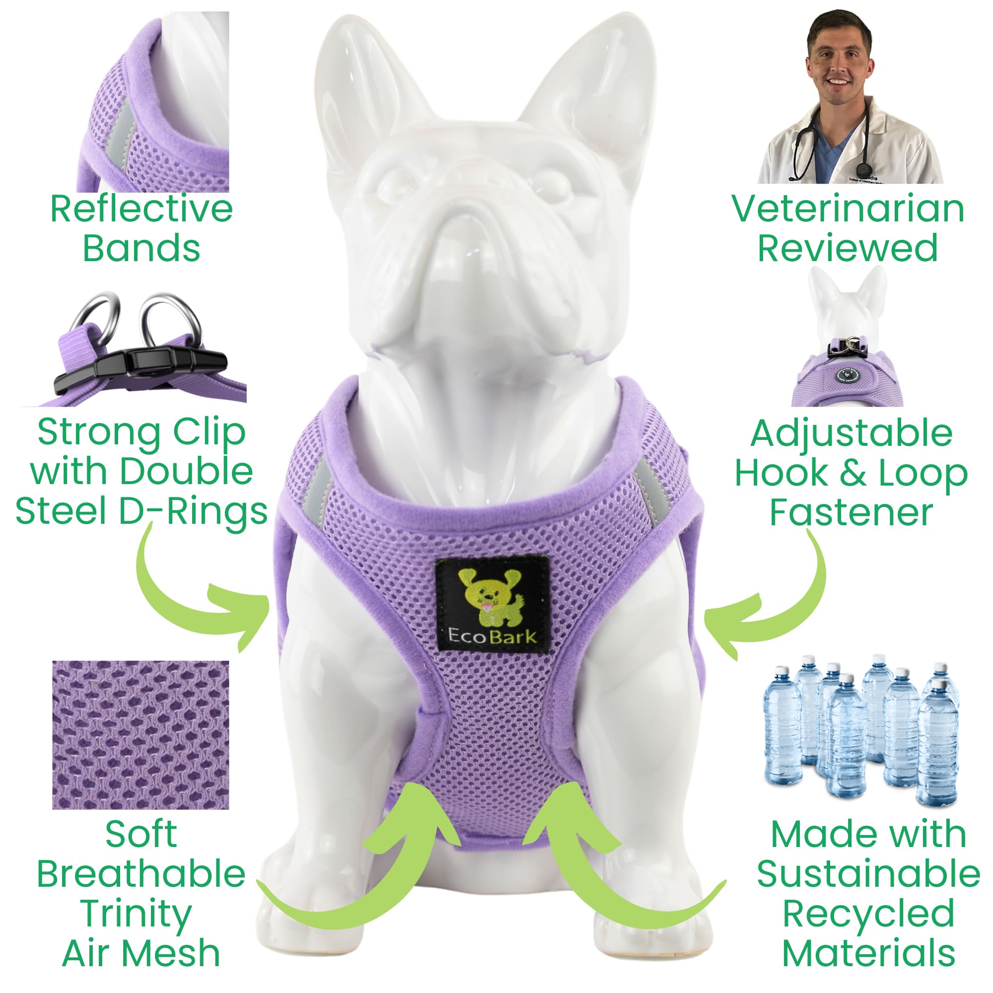 EcoBark Step in Harness anti-rub coverage protects skin during walks.