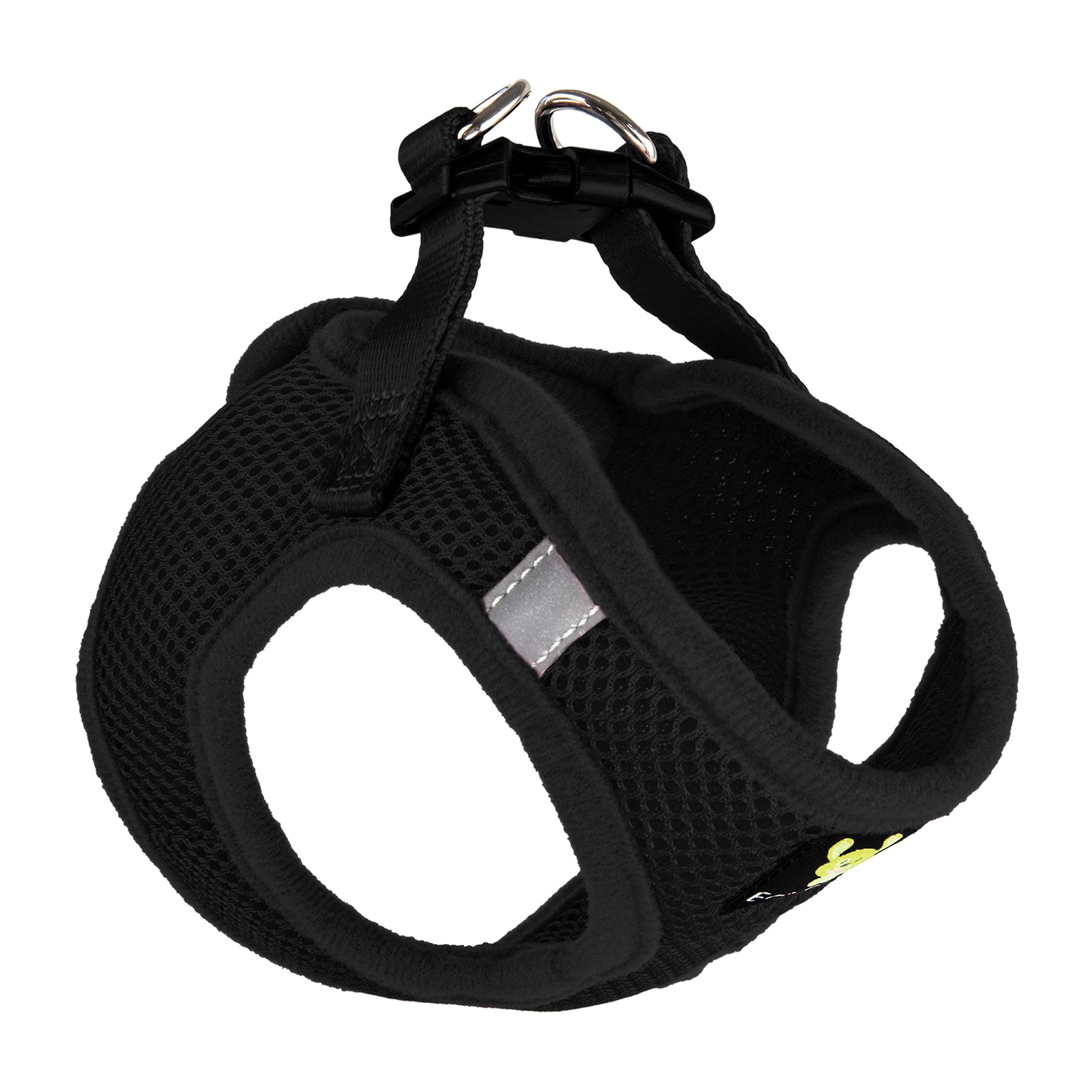 EcoBark Step In black large-size harness for medium dogs' secure support.