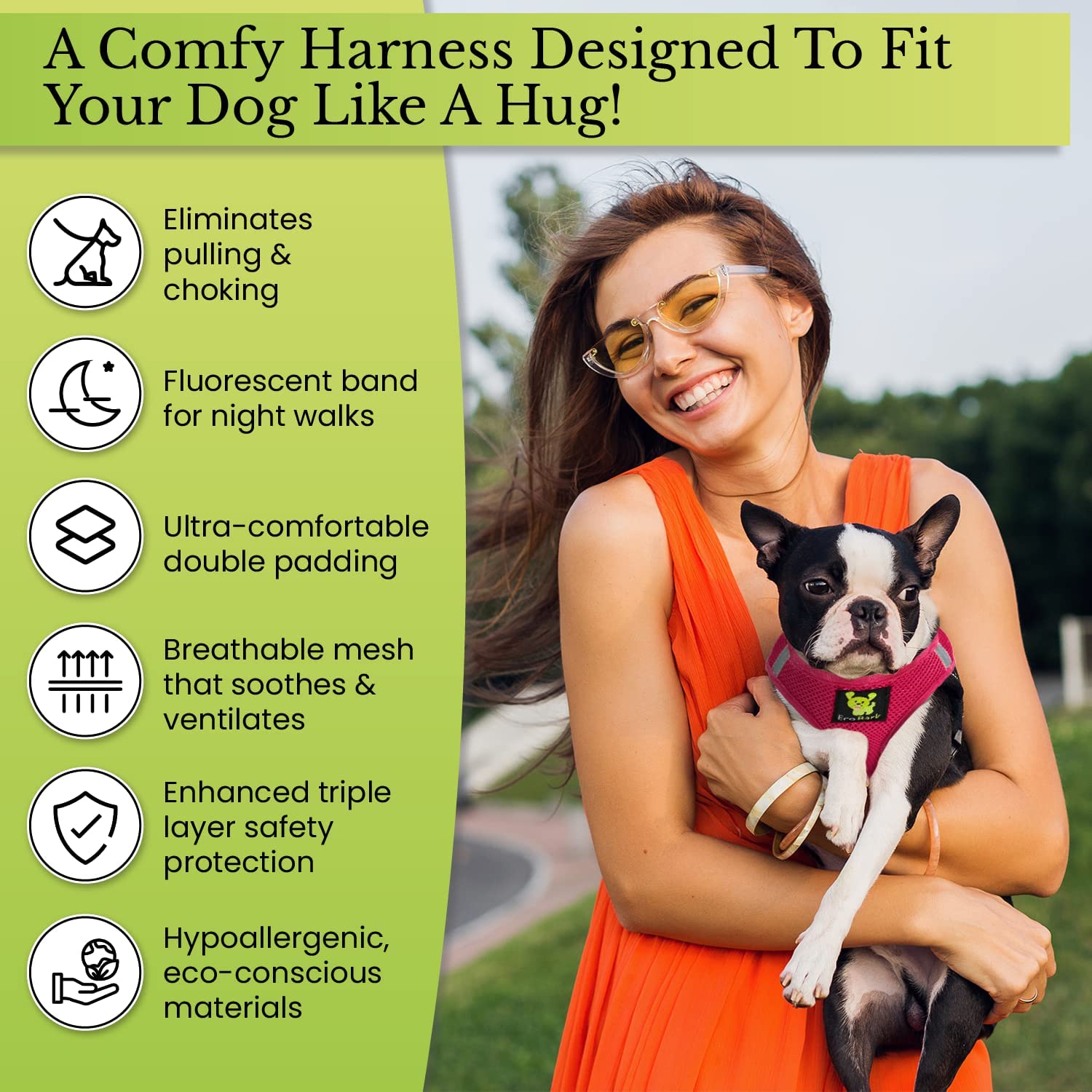 EcoBark Step In Harness reflective strip improves visibility for safer evening walks.