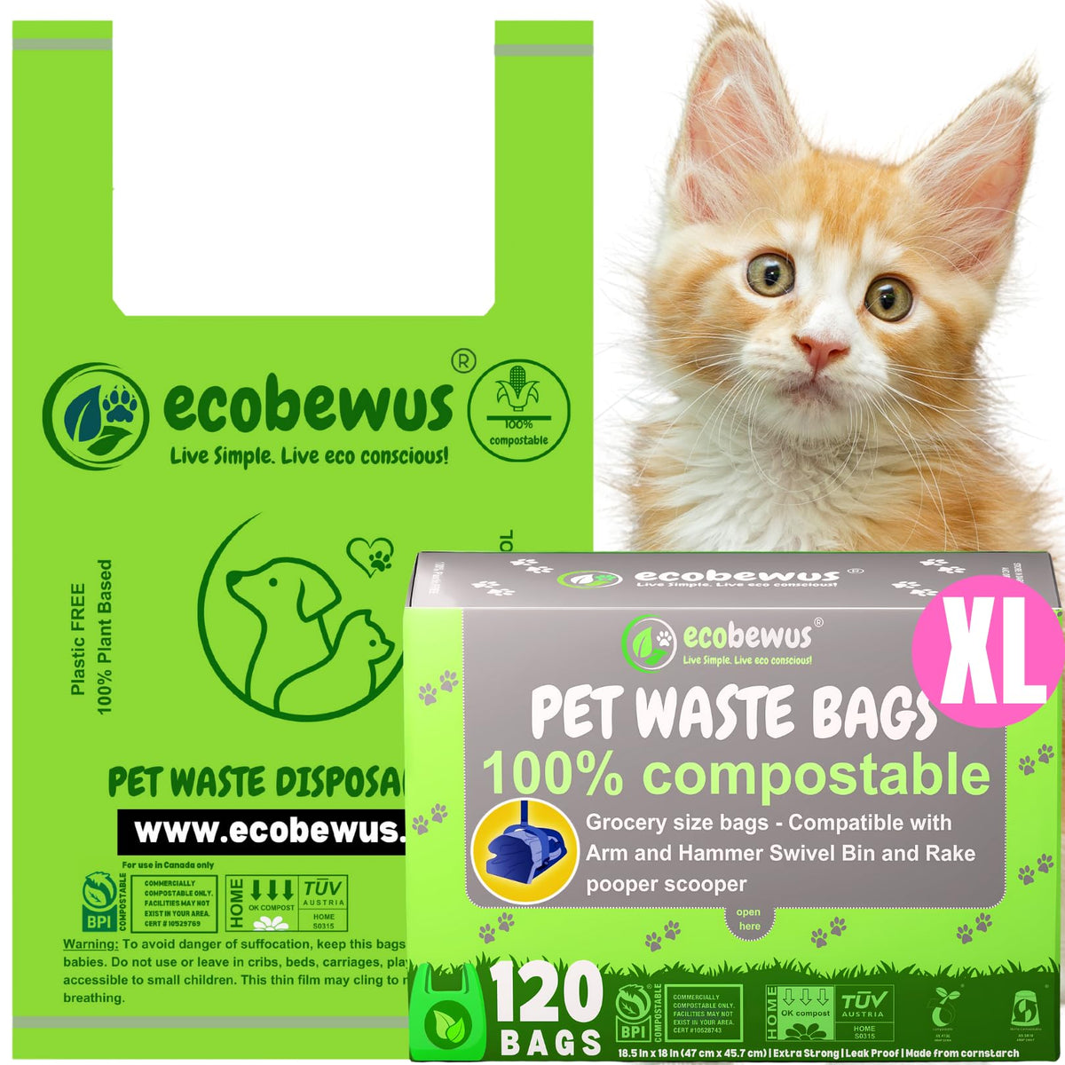 ecobewus xl pet waste bags packaging demonstrates eco-friendly materials for home composting
