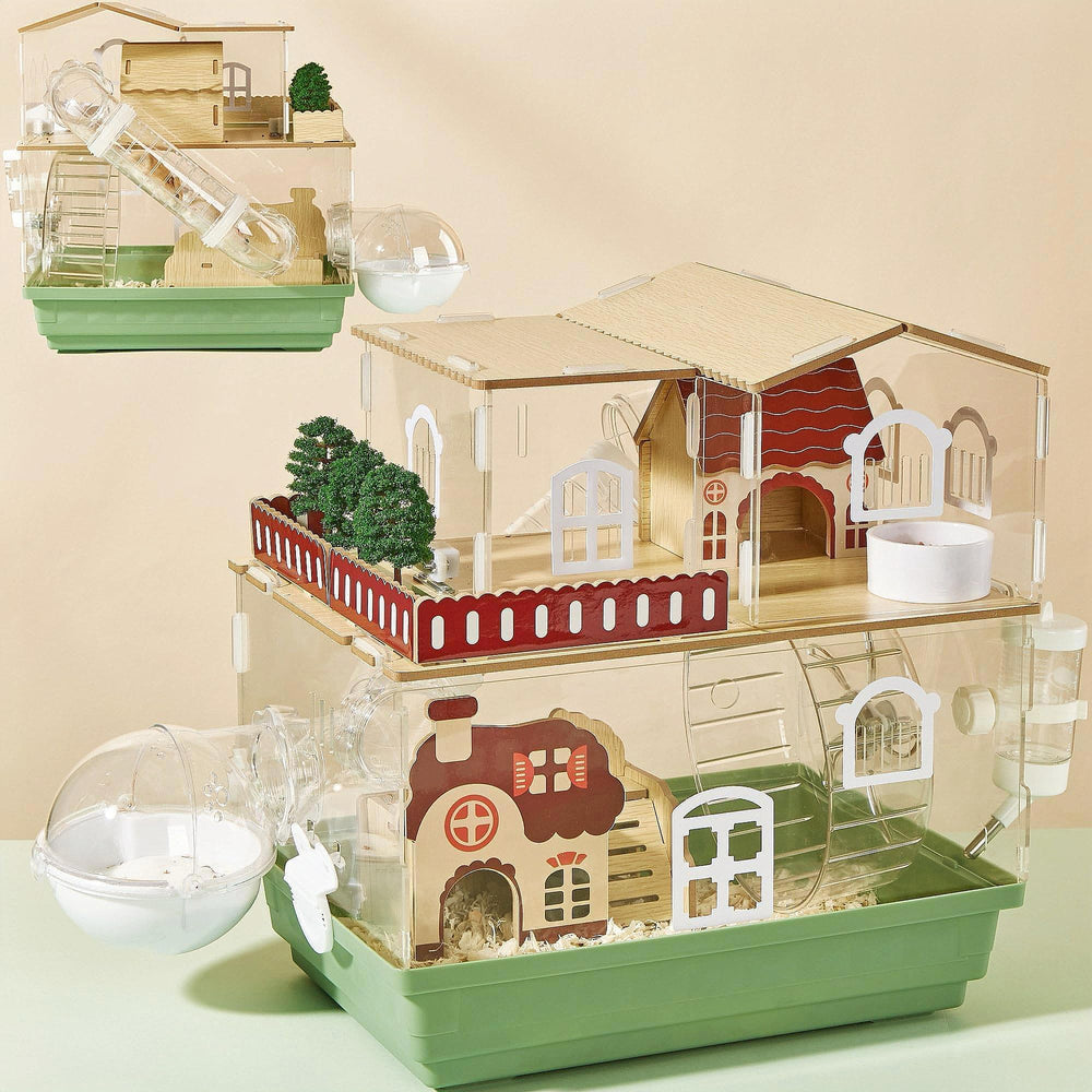 ECOCEN 12-in-1 clear acrylic hamster cage front view with transparent walls for easy observation.