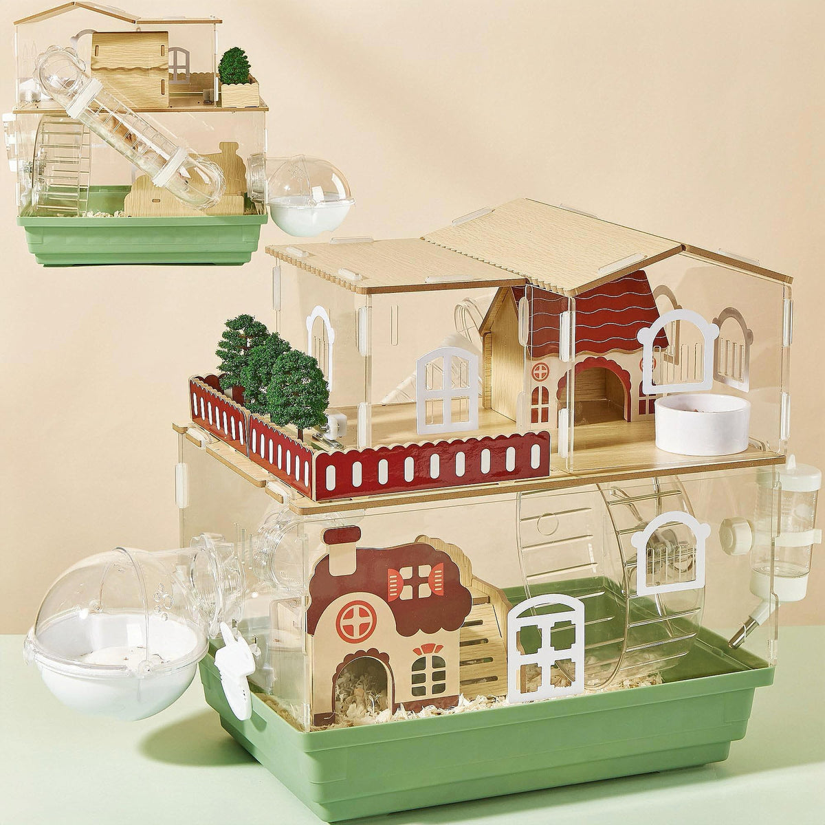 ECOCEN 12-in-1 clear acrylic hamster cage front view with transparent walls for easy observation.