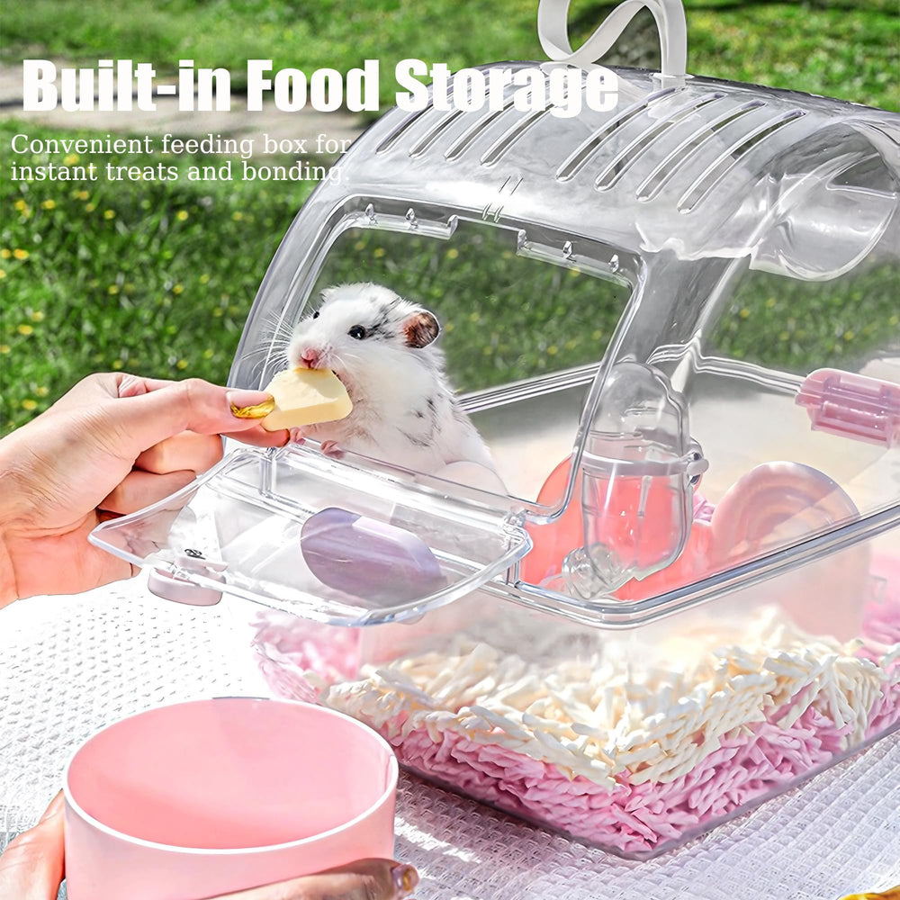 ECOCEN hamster travel carrier with storage box keeps treats and toys on hand