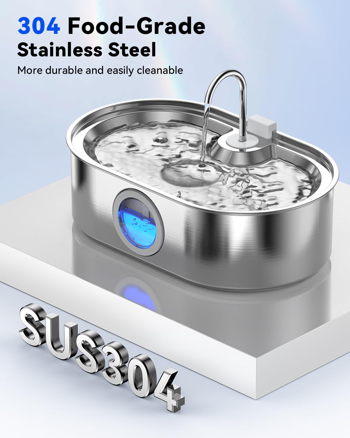 ECOCONUT stainless steel fountain side view highlights rust-resistant construction.