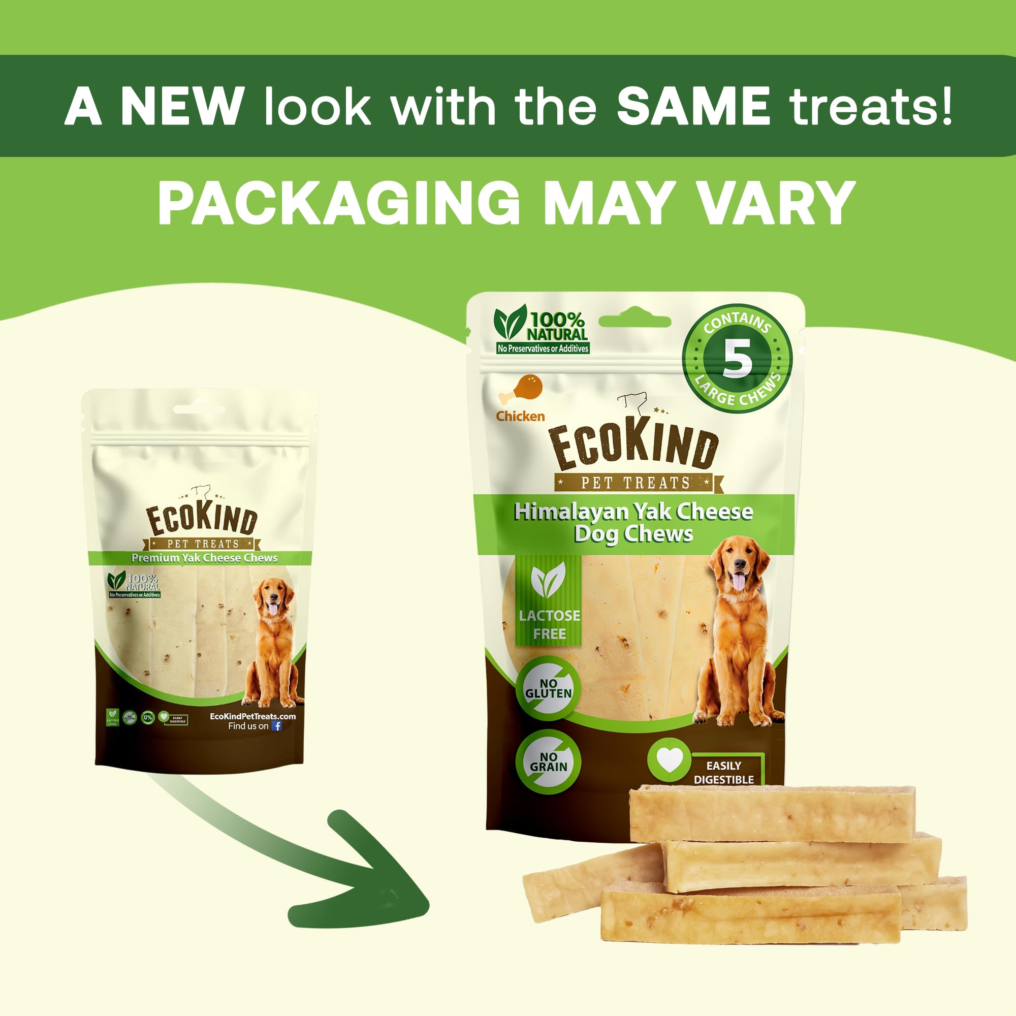EcoKind yak cheese chews with chicken flavor highlighted on label for indulgence.