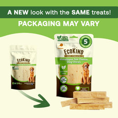 EcoKind yak cheese chews with chicken flavor highlighted on label for indulgence.