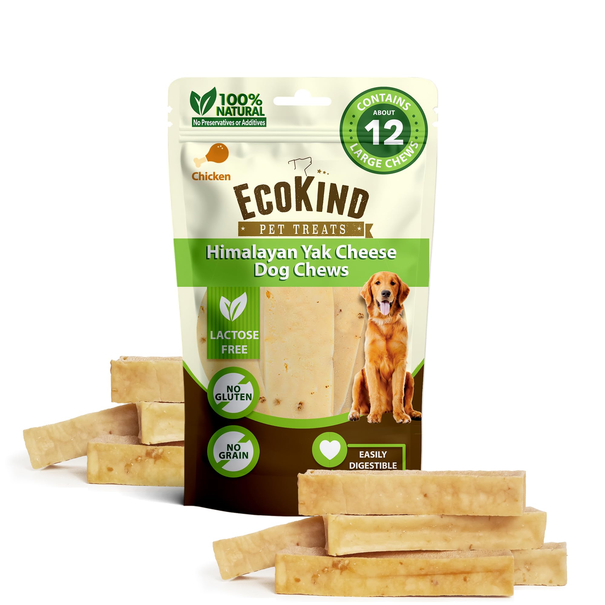 EcoKind Premium Gold Yak Cheese Himalayan Dog Chews packaging emphasizes all-natural ingredients and value.
