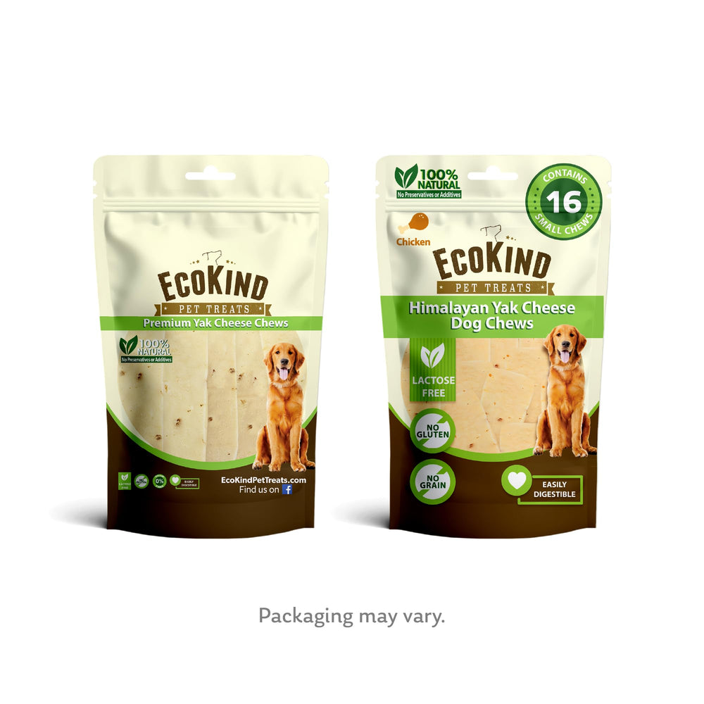 EcoKind Premium Gold Yak Chews closeup shows lactose-free, gluten-free composition.
