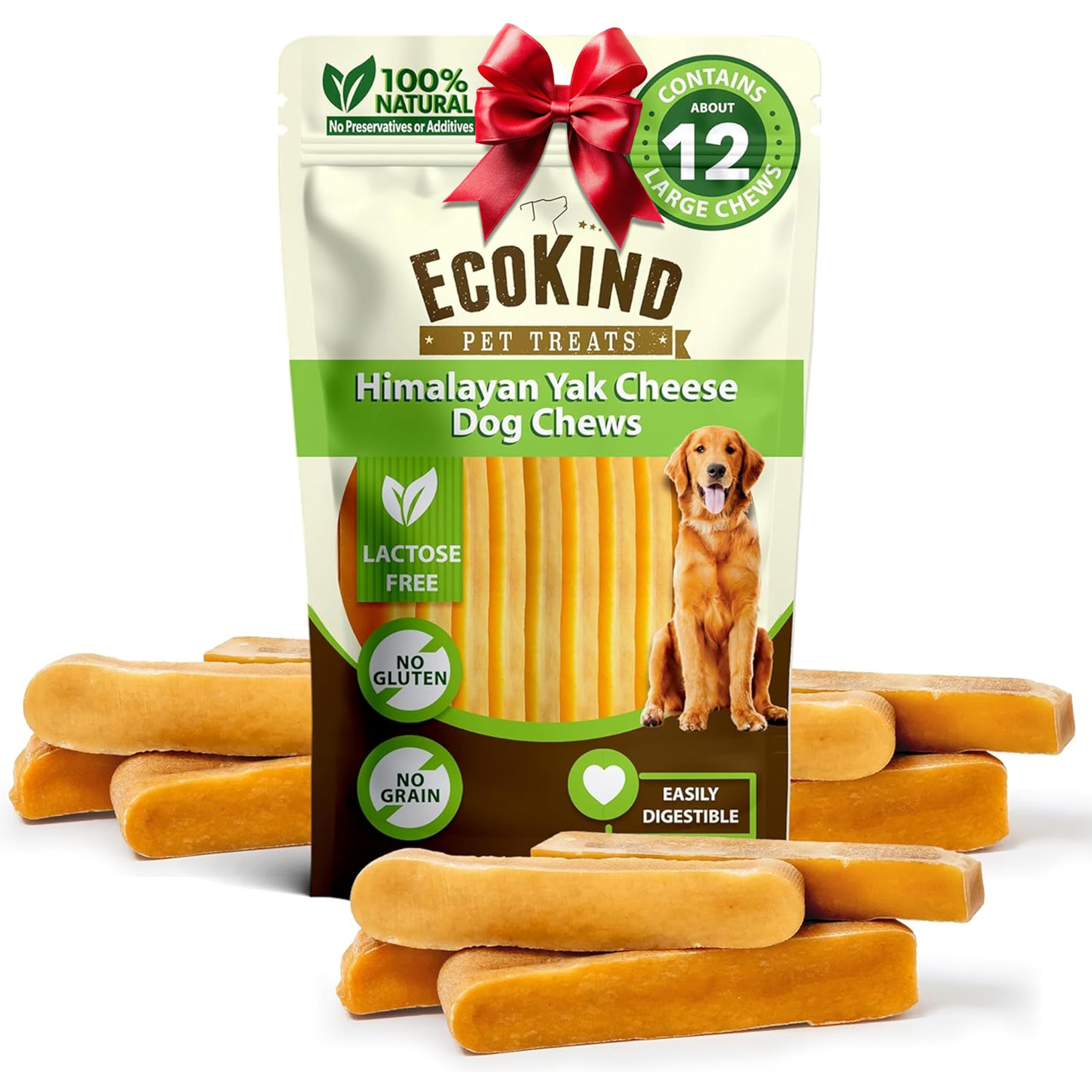EcoKind Premium Gold Yak Cheese Himalayan Dog Chews packaging shows all-natural ingredients for dogs