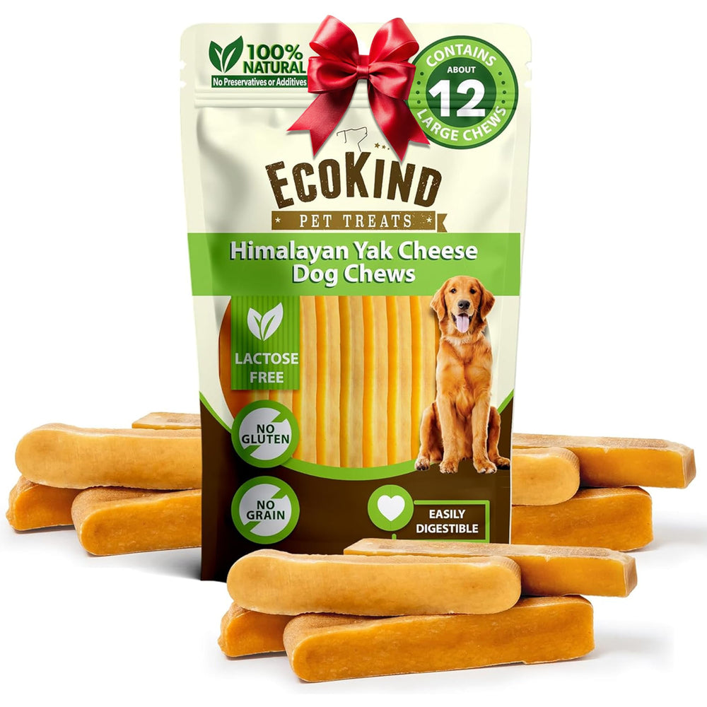 EcoKind Premium Gold Yak Cheese Himalayan Dog Chews packaging shows all-natural ingredients for dogs