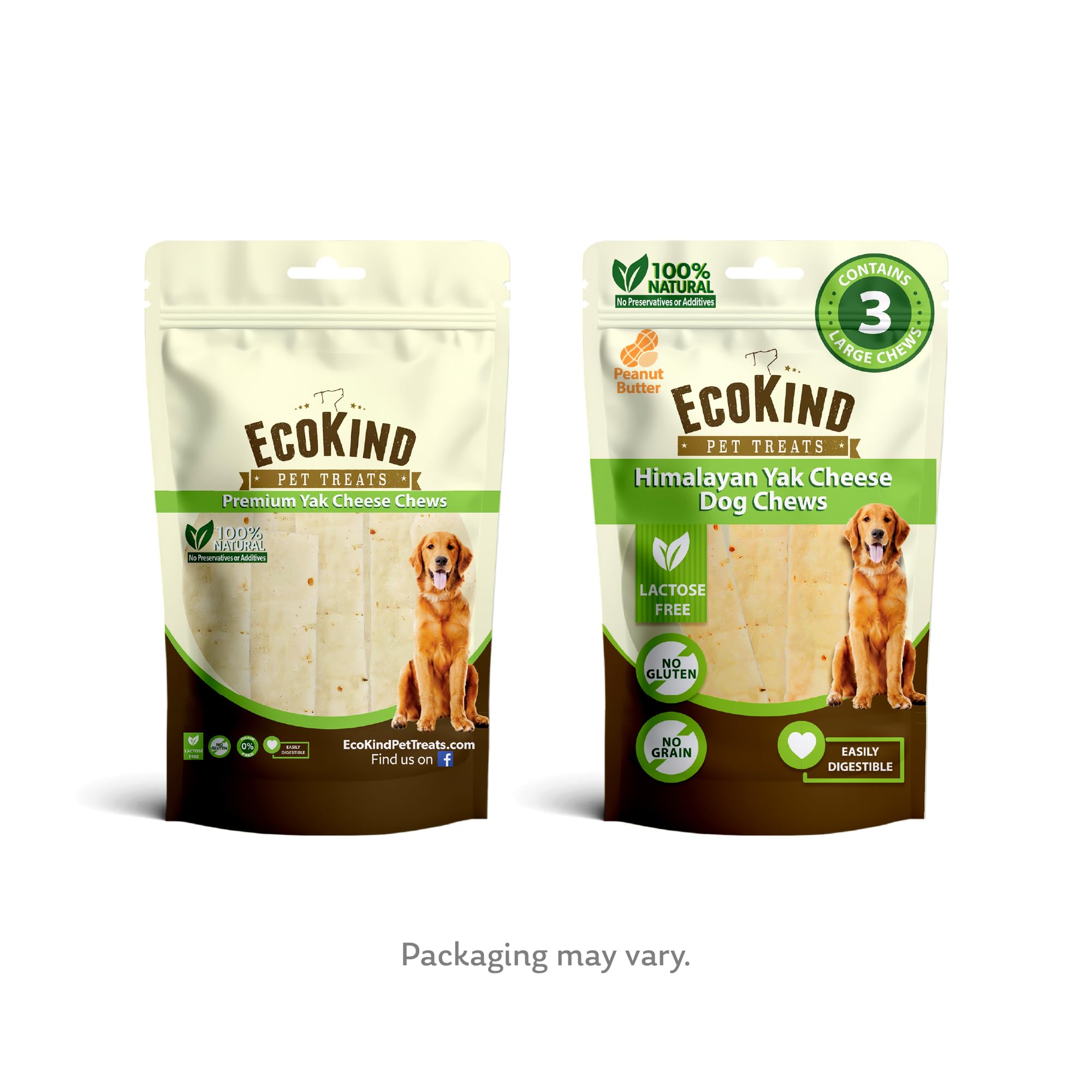 EcoKind Premium Gold Yak Chews peanut butter flavor highlights protein-rich taste.