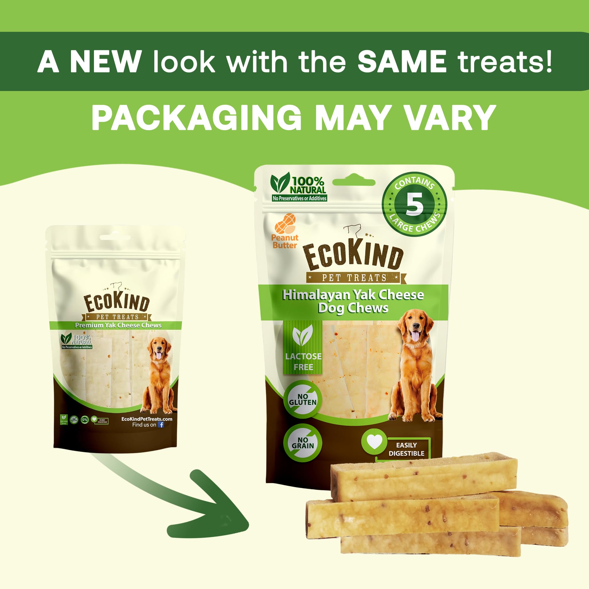 EcoKind Premium Gold Yak Chews peanut-butter image emphasizes real peanut butter flavor.