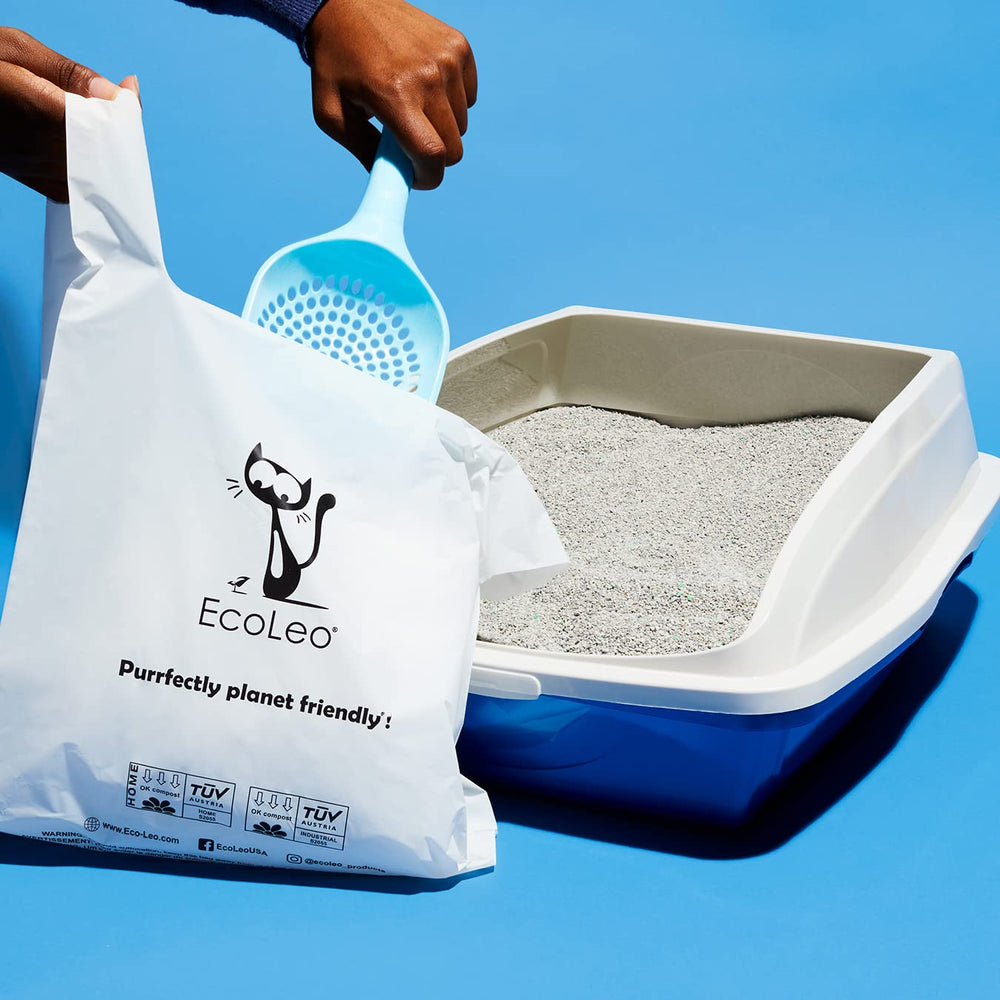 EcoLeo compostable cat waste bags highlight eco-friendly, plant-based material.