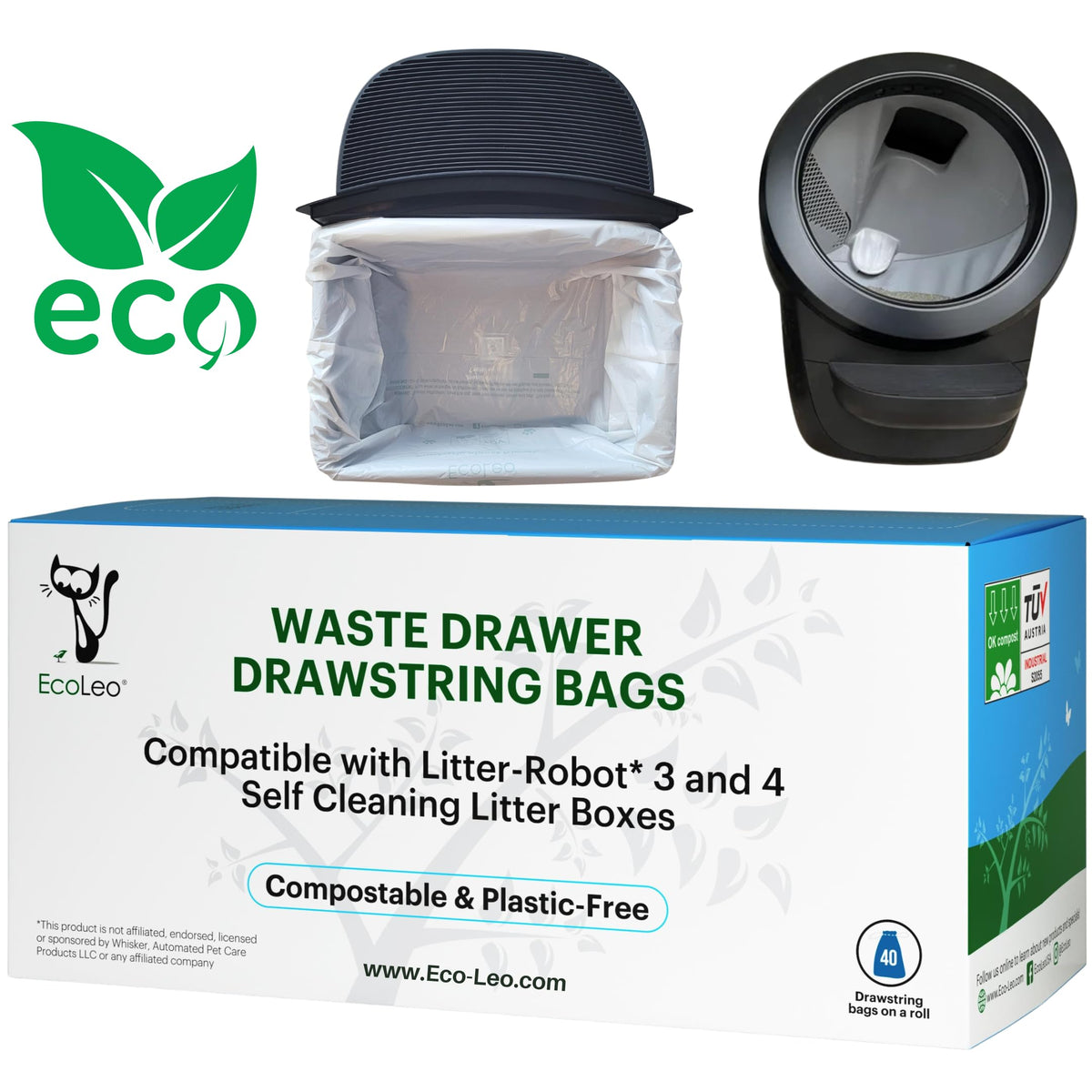 EcoLeo compostable liner with drawstring closure for easy disposal.