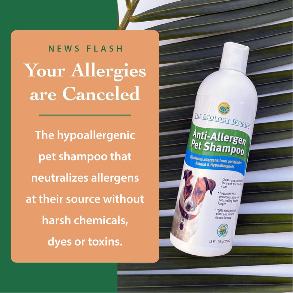 The Ecology Works anti-allergen pet shampoo bottle pour demonstrates easy application for quick baths.