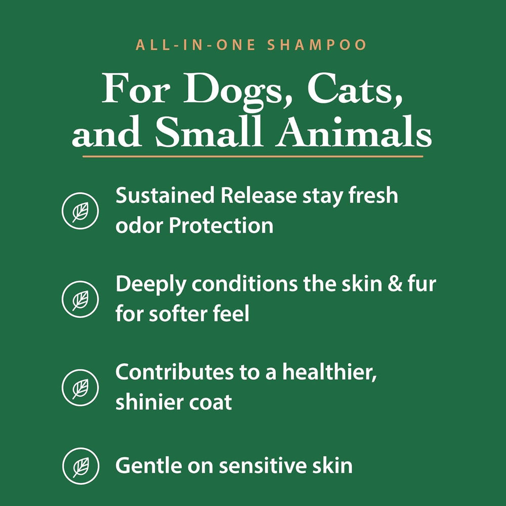 The Ecology Works anti-allergen pet shampoo label closeup shows organic neem extract and biodegradable claims.