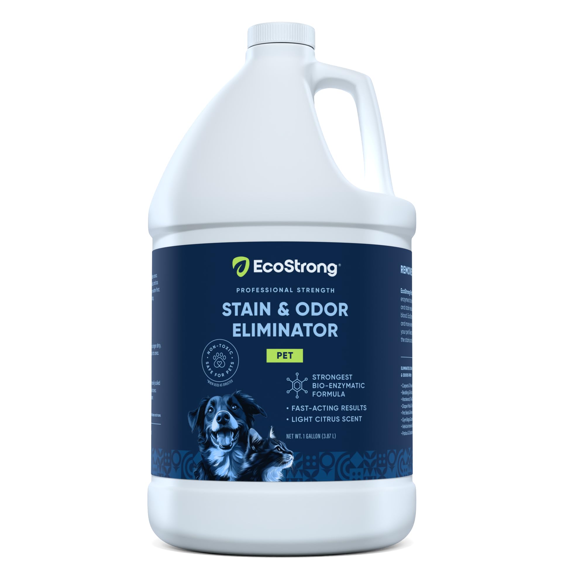 Eco Strong pet stain and odor remover bottle demonstrates enzymatic cleaning for pet urine odors