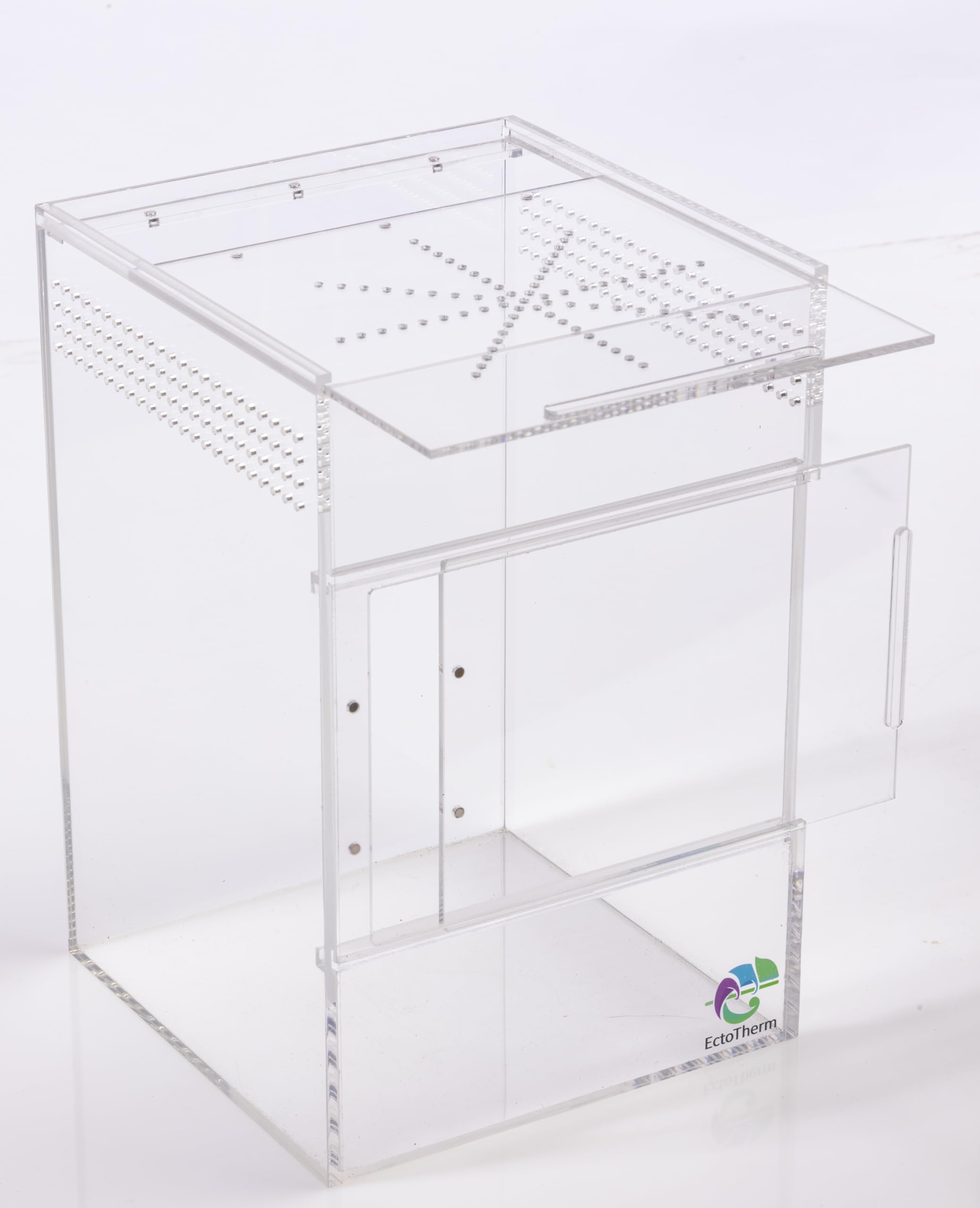 EctoTherm jumping spider enclosure open-door detail enables overhead access to webs.