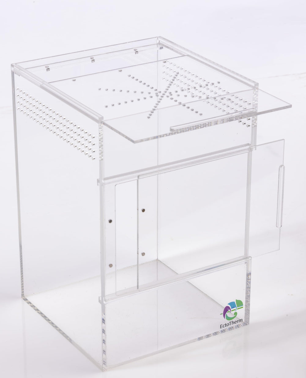 EctoTherm jumping spider enclosure open-door detail enables overhead access to webs.