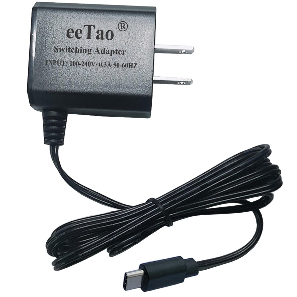 eeTao in-use setup powering a pet fountain with a 5V adapter.