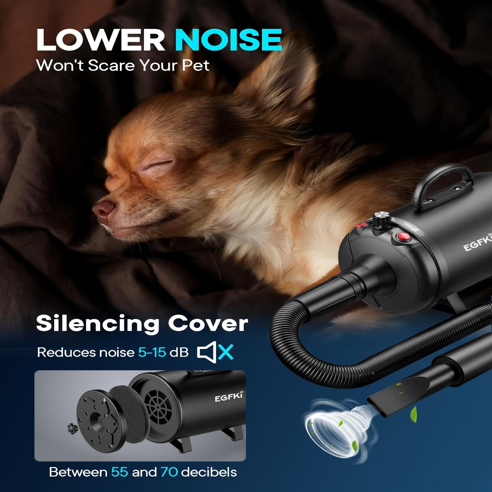 EGFKI Dog Dryer adjustable speed and temperature tailor grooming to pets.