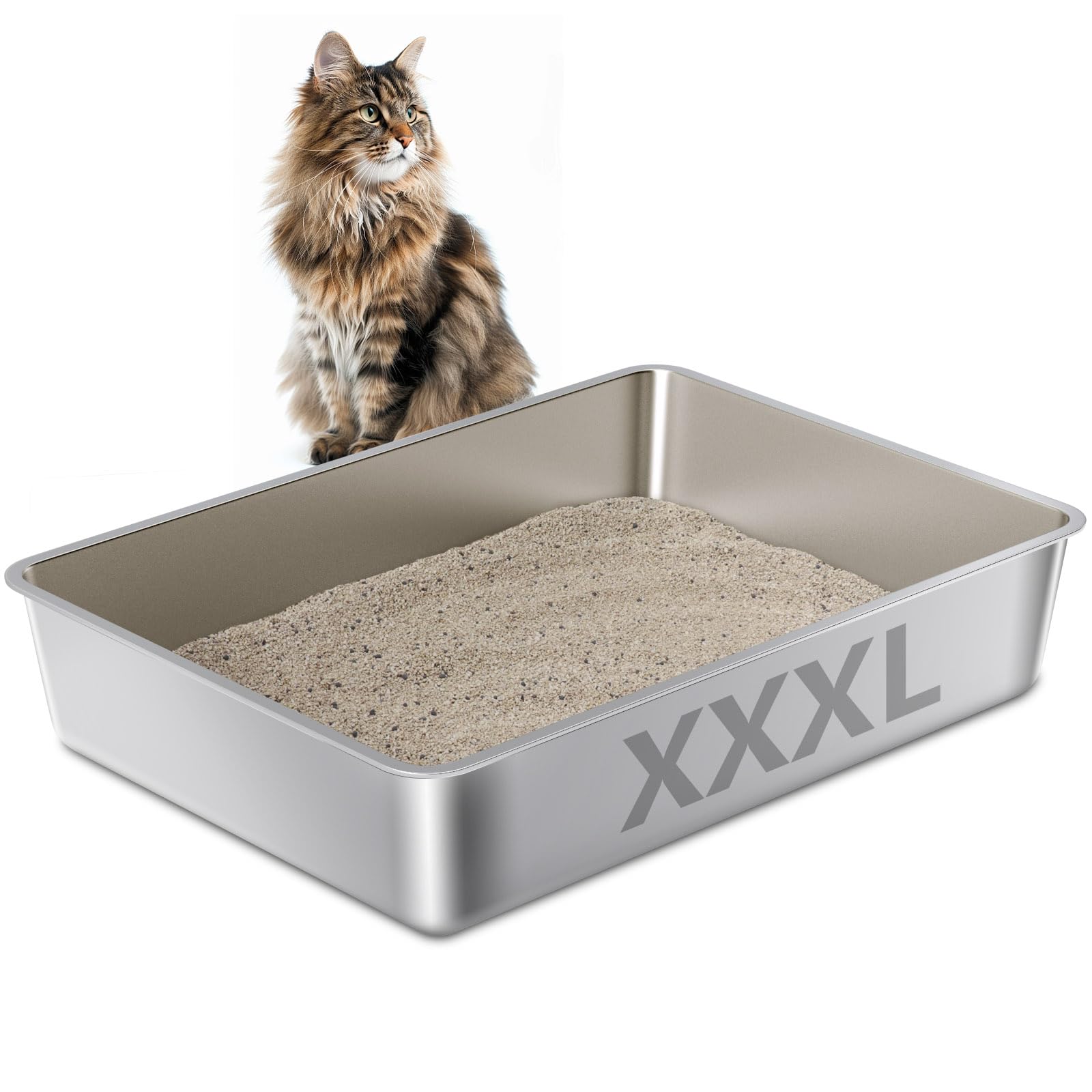 EGMEHOAD XXXL stainless steel litter box top view emphasizes roomy space for large cats with easy cleaning.