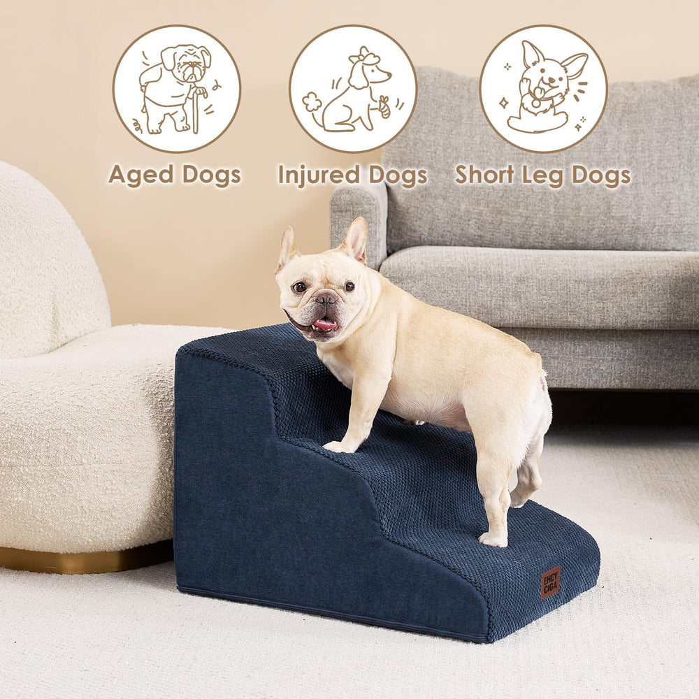 EHEYCIGA 3-step dog stairs indicates 17-inch reach for sofas