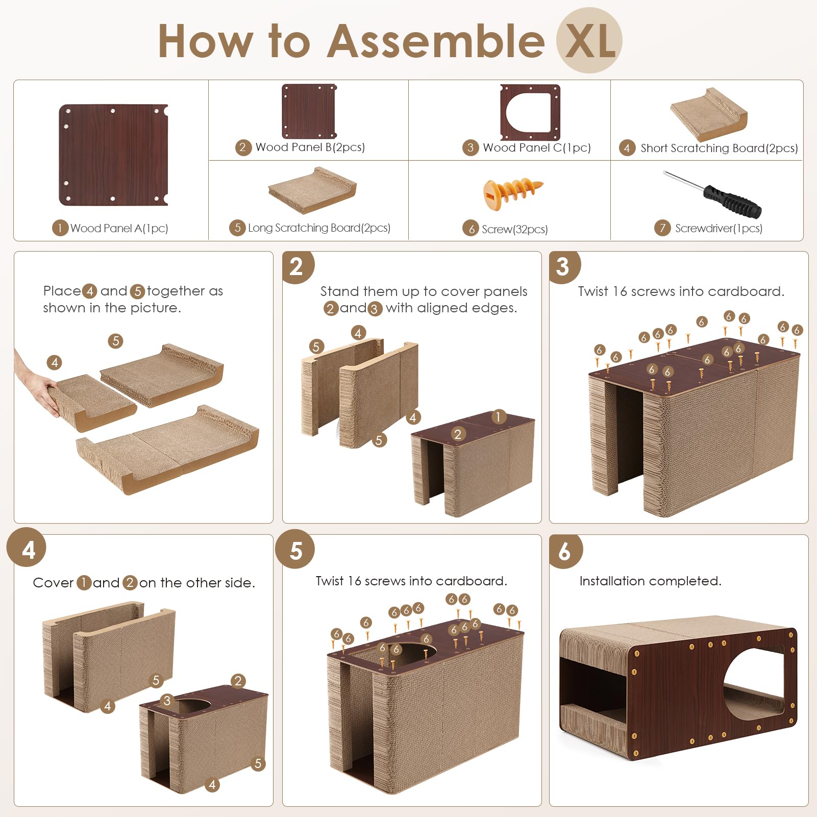 EHEYCIGA cardboard cat scratcher house assembly visuals and tools included.
