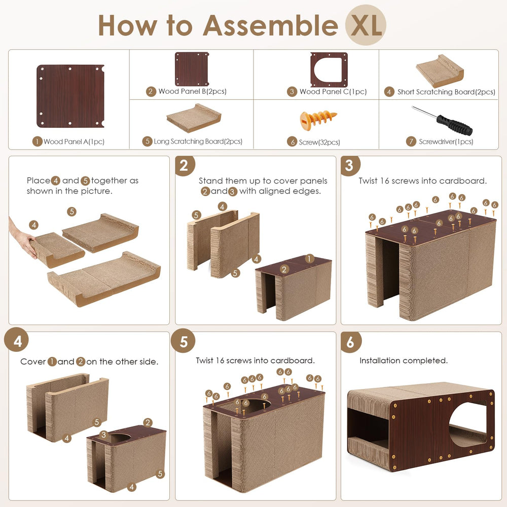 EHEYCIGA cardboard cat scratcher house assembly visuals and tools included.