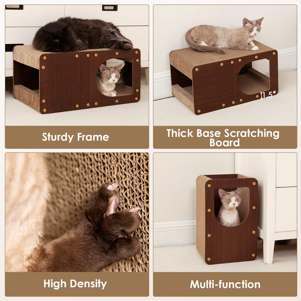 EHEYCIGA cardboard cat scratcher house with cat enjoying a nap inside.