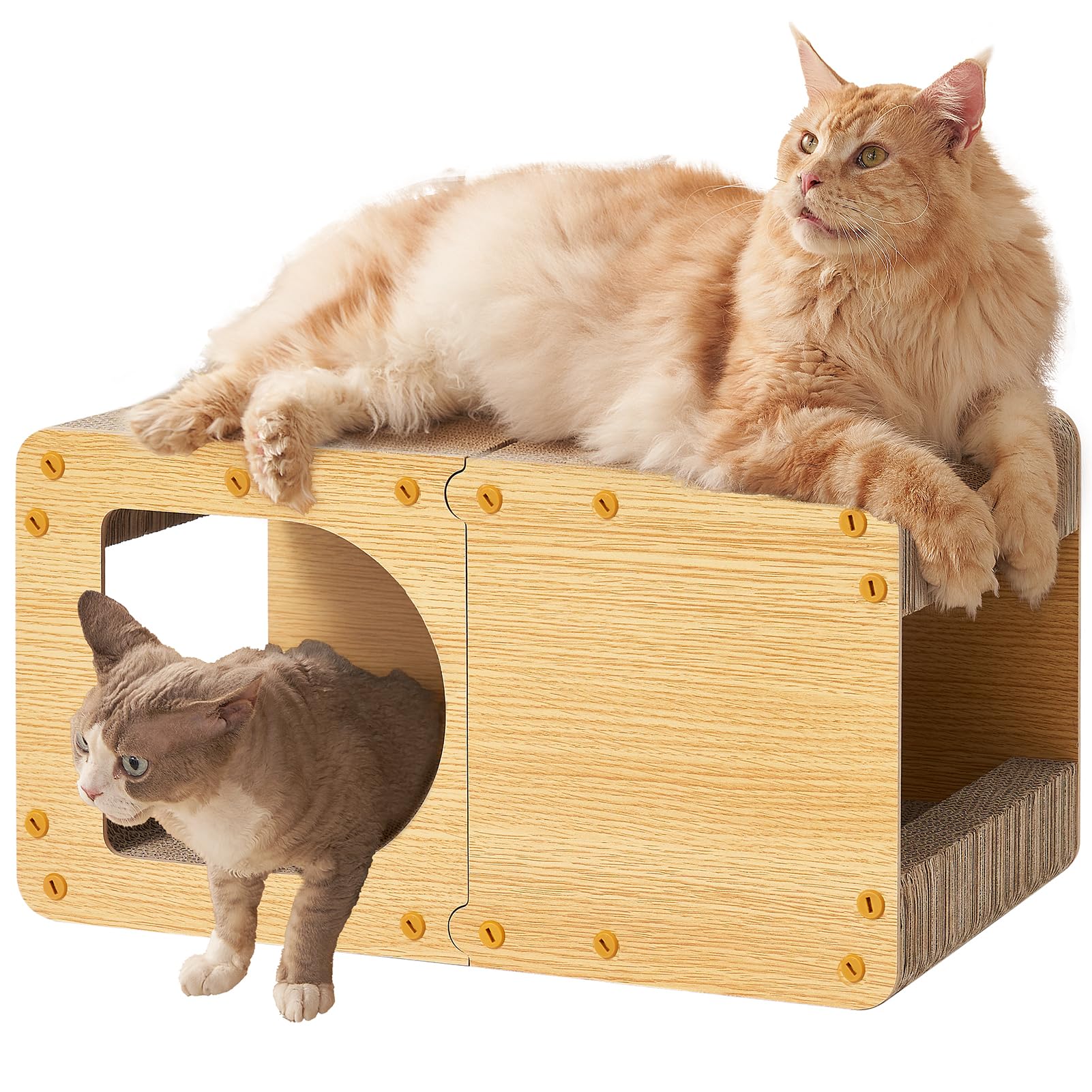 EHEYCIGA cardboard cat scratcher house front view showing durable 23-inch design for daily scratching