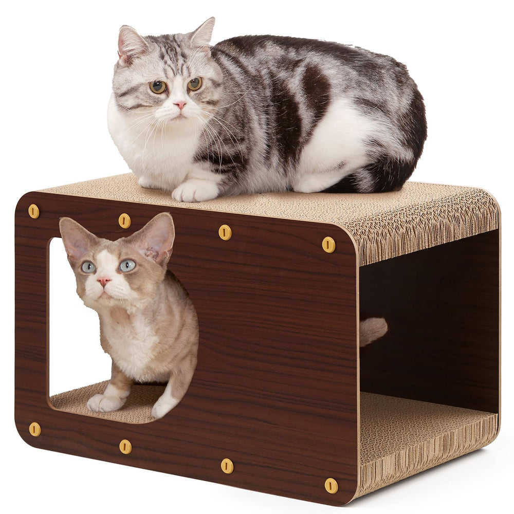 EHEYCIGA cat scratcher house front view with durable corrugated board for scratching.